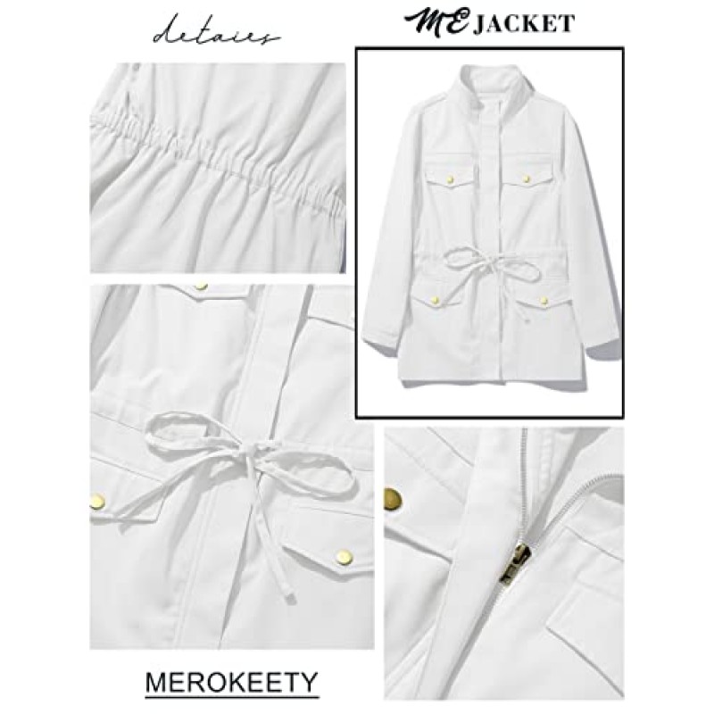 MEROKEETY 여성용 긴 소매 밀리터리 자켓 지퍼 업 유틸리티 드로우 스트링 허리 아노락 코트 (포켓 포함)
