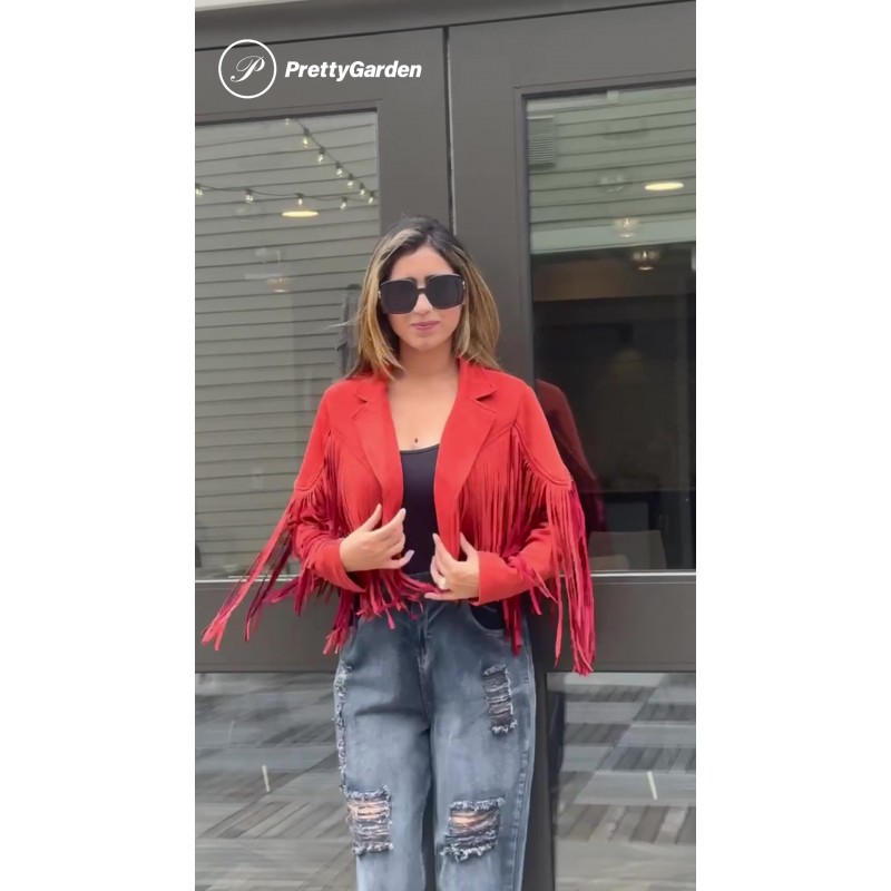 PRETTYGARDEN 여성용 프린지 인조 스웨이드 가죽 자켓 2023 패션 태슬 오토바이 크롭 코트