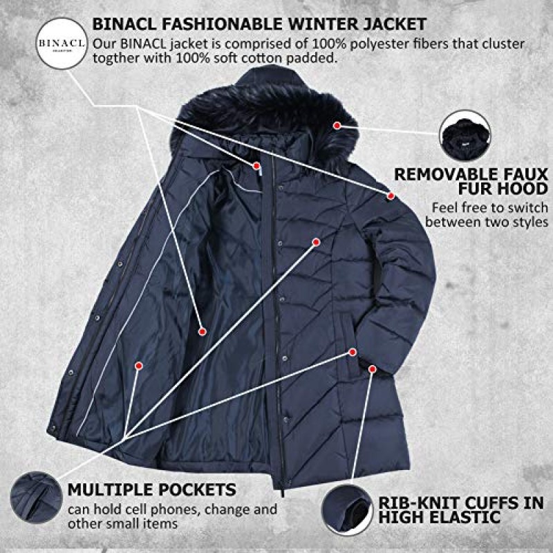 BINACL 여성 겨울 따뜻한 두꺼운 롱 아웃웨어 포켓 코트 파카 재킷(7Color,XS-XL)