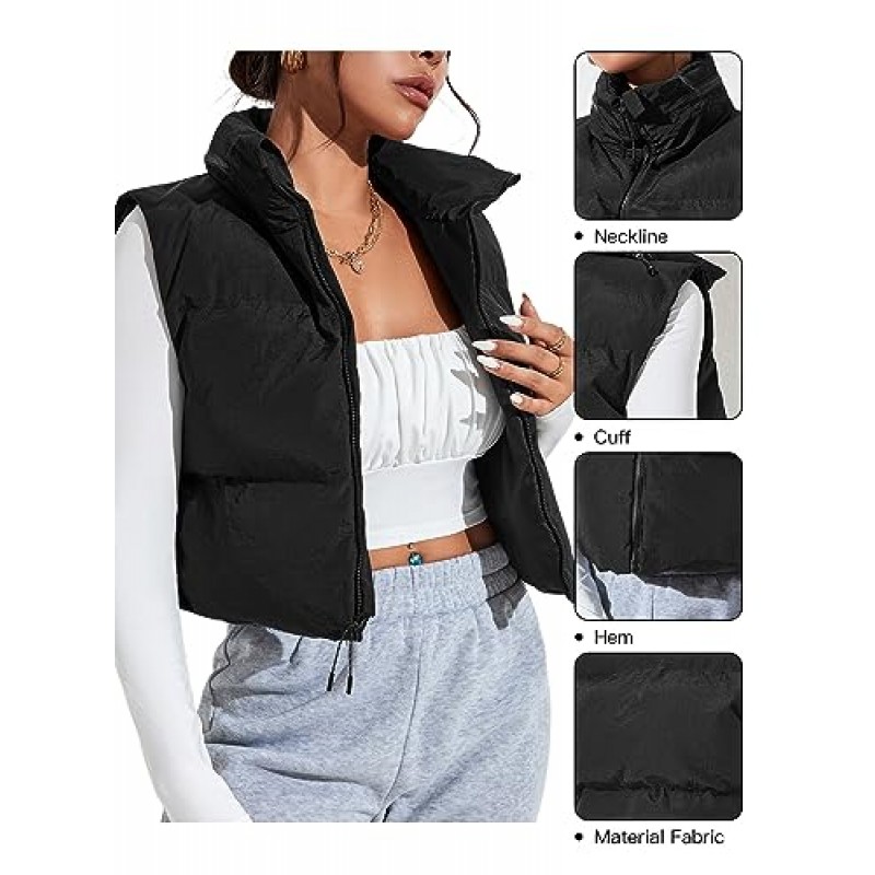 Allytok Womens Winter Cropped Puffer Vest 경량 지퍼 업 Y2K 자르기 푹신한 조끼 민소매 겉옷
