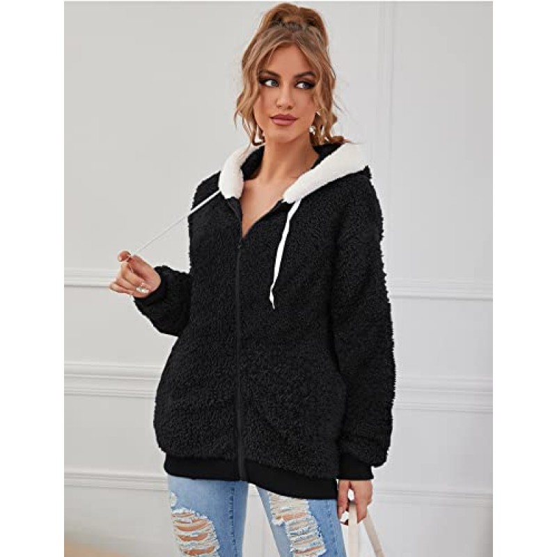 Micoson 여성 패션 컬러 블록 가짜 Shearling 코트 따뜻한 후드 지퍼 업 포켓이있는 퍼지 겨울 자켓