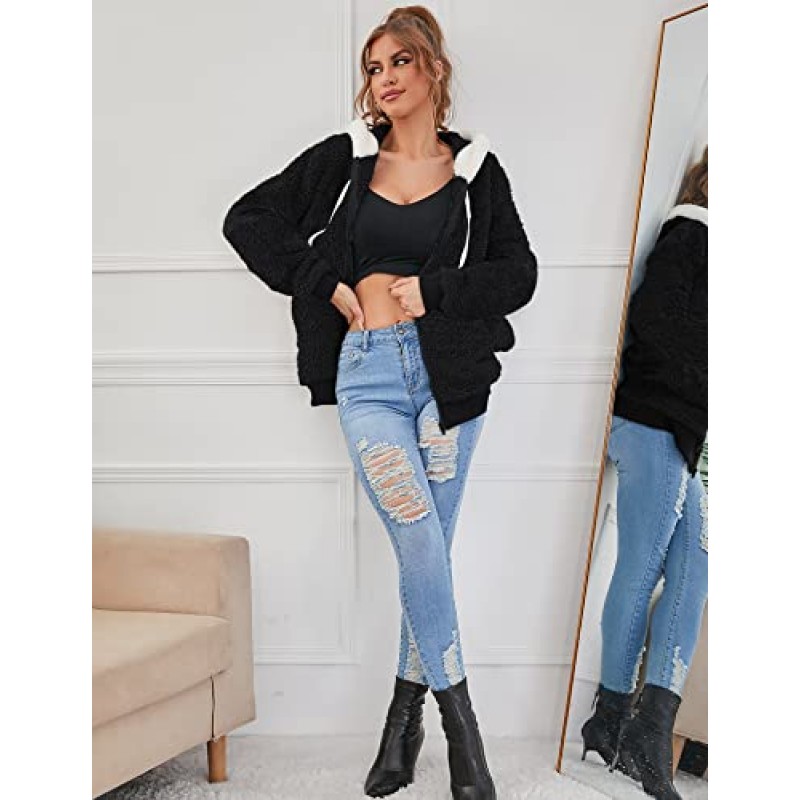 Micoson 여성 패션 컬러 블록 가짜 Shearling 코트 따뜻한 후드 지퍼 업 포켓이있는 퍼지 겨울 자켓