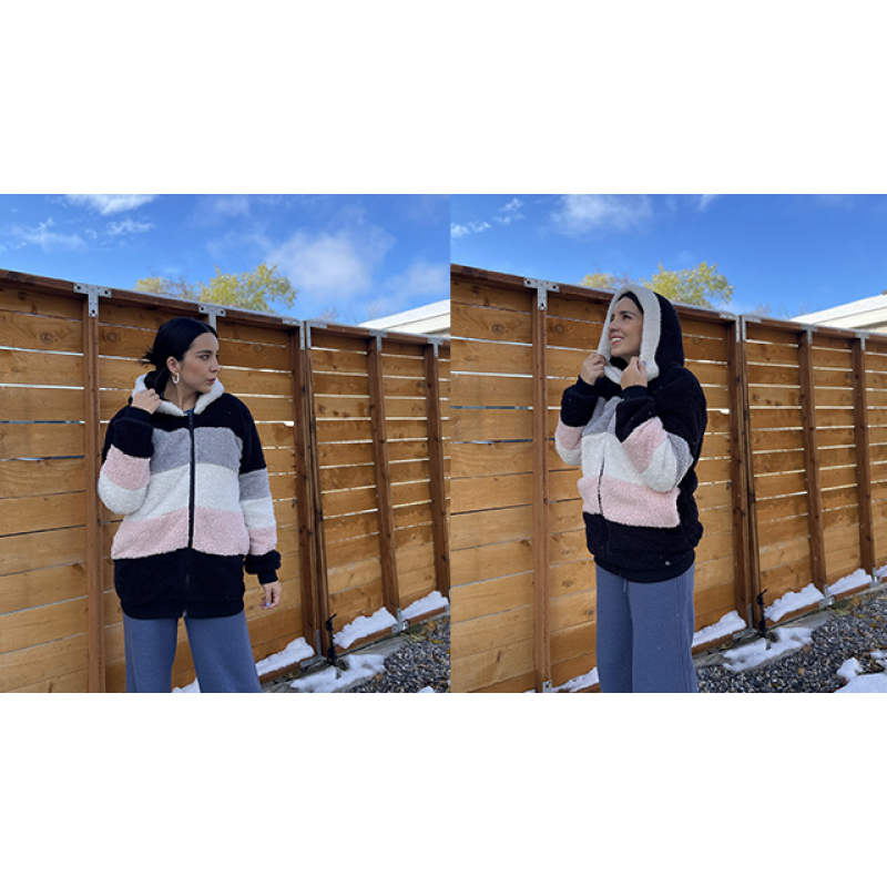 Micoson 여성 패션 컬러 블록 가짜 Shearling 코트 따뜻한 후드 지퍼 업 포켓이있는 퍼지 겨울 자켓