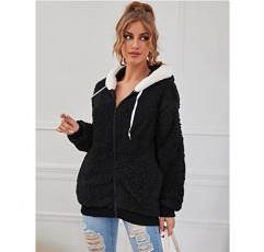 Micoson 여성 패션 컬러 블록 가짜 Shearling 코트 따뜻한 후드 지퍼 업 포켓이있는 퍼지 겨울 자켓