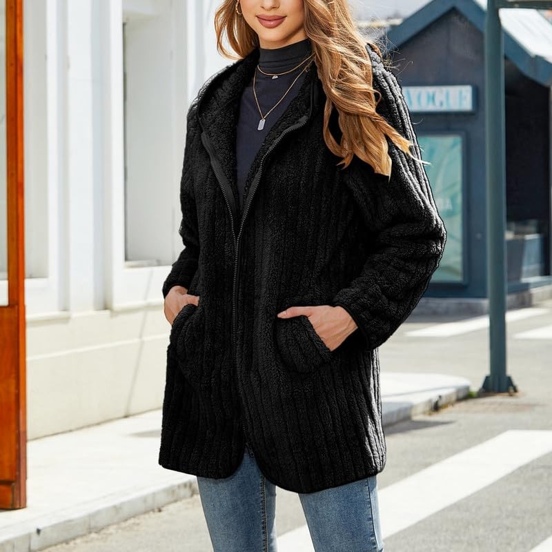 Vipwest Womens 퍼지 플리스 셰르파 재킷 풀 지퍼 긴 소매 플란넬 가디건 코트 아우터웨어(후드 포함)(S-5XL)