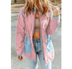 Dokotoo Womens Winter Quilted Jacket 스탠드 칼라 지퍼 업 긴 소매 Drawstring 허리 콘트라스트 코트(포켓 포함)