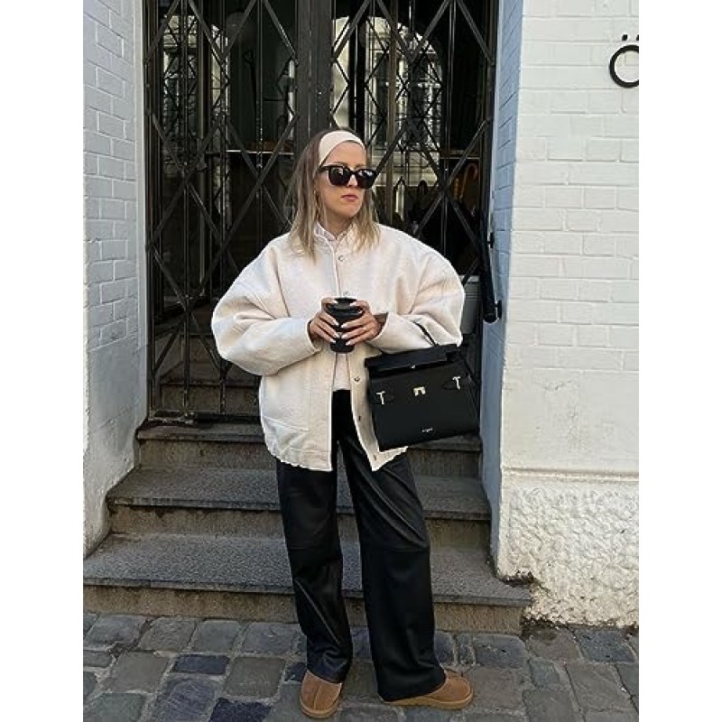Ailoqing Womens Oversize Bomber Jackets 울 블렌드 버튼 다운 캐주얼 대표팀 재킷 코트 겉옷