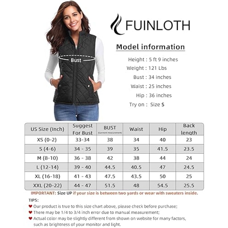 Fuinloth 여성용 퀼팅 조끼, 스탠드 칼라 경량 지퍼 패딩 질레