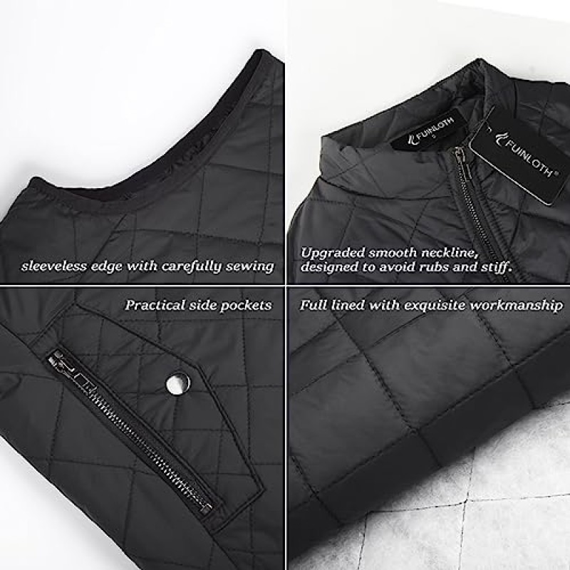 Fuinloth 여성용 퀼팅 조끼, 스탠드 칼라 경량 지퍼 패딩 질레