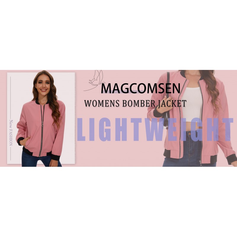 MAGCOMSEN 여성용 봄버 경량 재킷 지퍼 업 캐주얼 스프링 재킷 포켓이 있는 윈드브레이커