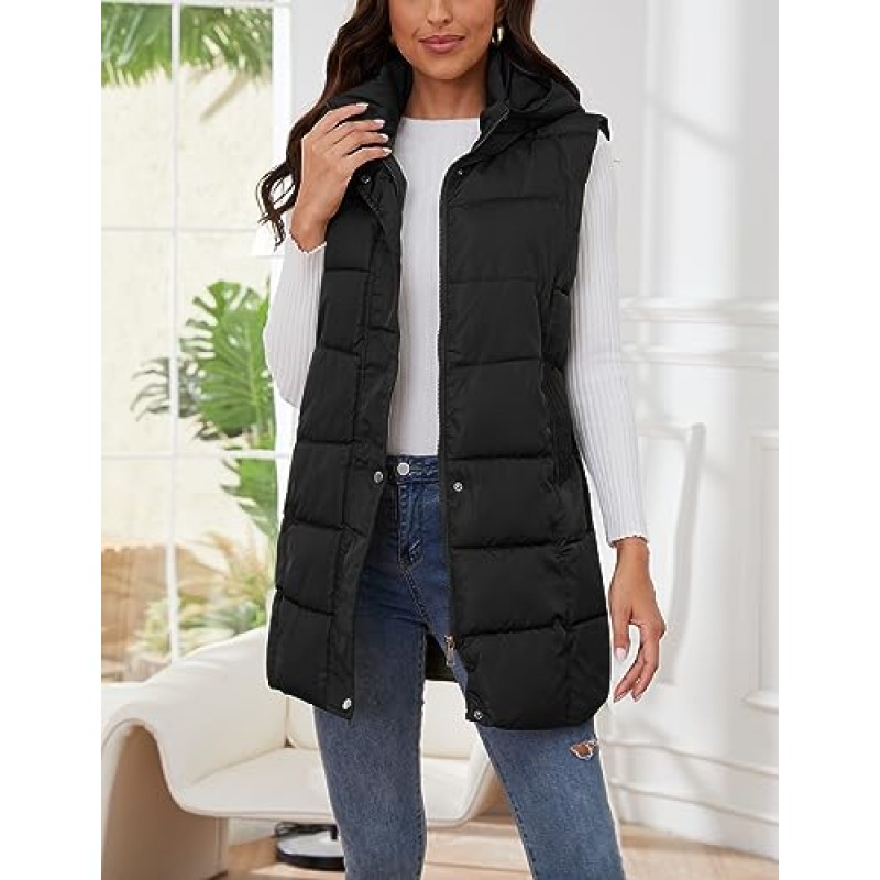 Gihuo 여성용 롱 퍼퍼 조끼 겨울 퀼팅 후드 민소매 지퍼 업 롱 자켓 조끼 Gilet