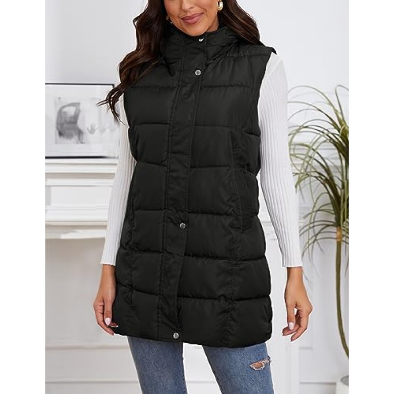 Gihuo 여성용 롱 퍼퍼 조끼 겨울 퀼팅 후드 민소매 지퍼 업 롱 자켓 조끼 Gilet