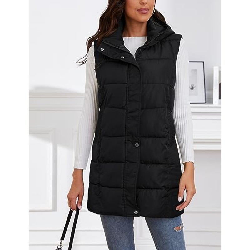 Gihuo 여성용 롱 퍼퍼 조끼 겨울 퀼팅 후드 민소매 지퍼 업 롱 자켓 조끼 Gilet
