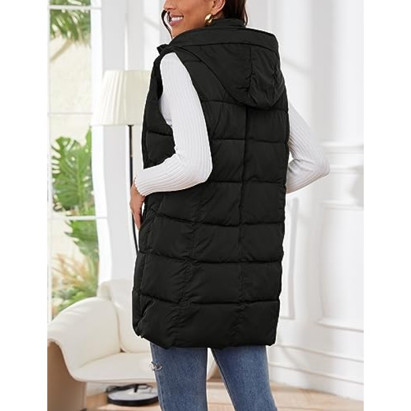 Gihuo 여성용 롱 퍼퍼 조끼 겨울 퀼팅 후드 민소매 지퍼 업 롱 자켓 조끼 Gilet