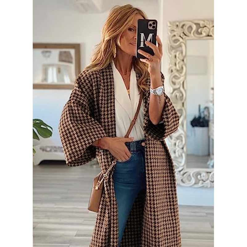 miduo Womens 긴 소매 오픈 프론트 오버 사이즈 피트 Houndstooth 격자 무늬 롱 가디건 코트 재킷 타탄 겉옷