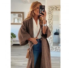 miduo Womens 긴 소매 오픈 프론트 오버 사이즈 피트 Houndstooth 격자 무늬 롱 가디건 코트 재킷 타탄 겉옷