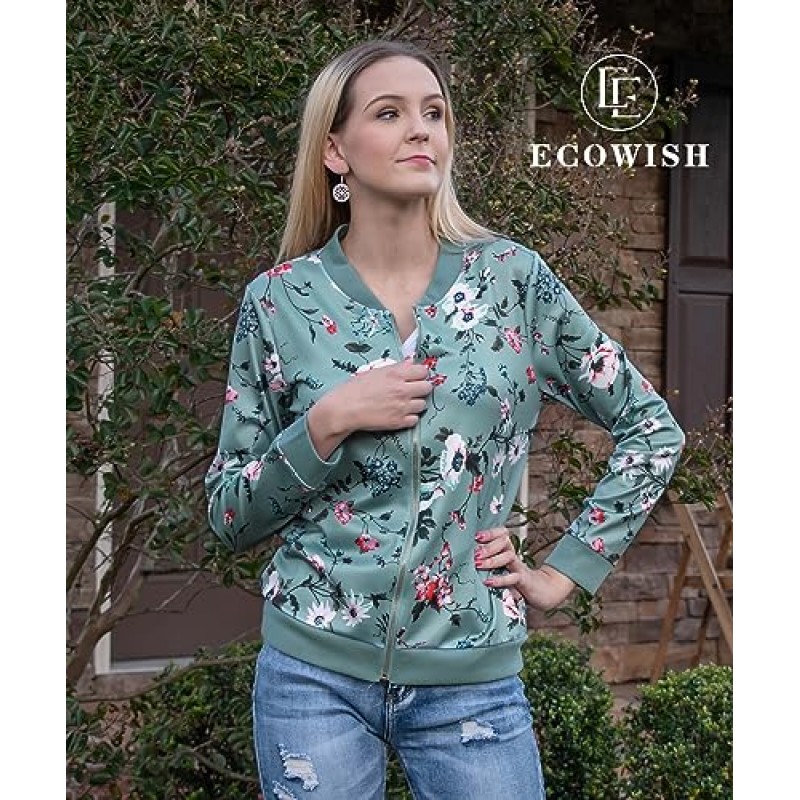 ECOWISH 여성 캐주얼 꽃무늬 지퍼 업 폭격기 재킷 코트 스탠드 칼라 경량 짧은 아웃웨어 탑