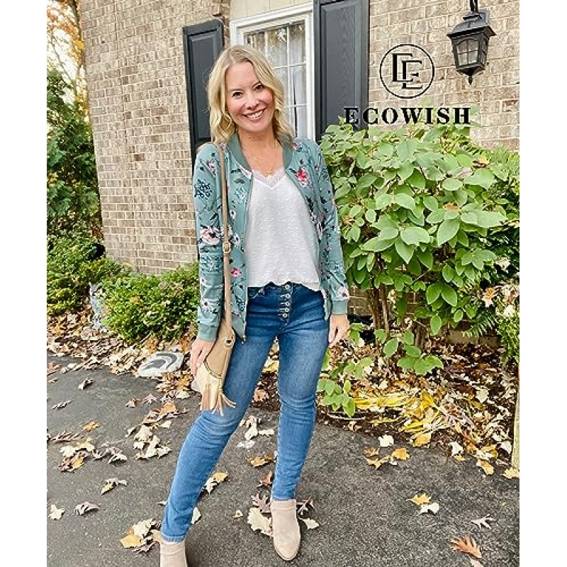 ECOWISH 여성 캐주얼 꽃무늬 지퍼 업 폭격기 재킷 코트 스탠드 칼라 경량 짧은 아웃웨어 탑