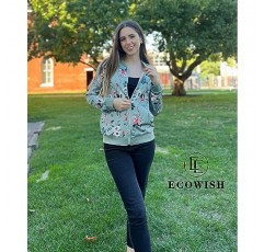 ECOWISH 여성 캐주얼 꽃무늬 지퍼 업 폭격기 재킷 코트 스탠드 칼라 경량 짧은 아웃웨어 탑
