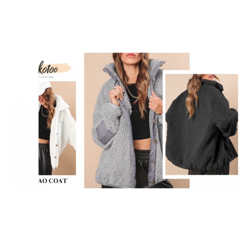 Dokotoo Womens Winter Sherpa Jackets 버튼 다운 루즈한 옷깃 칼라 테디 코트(바스트 포켓 포함)