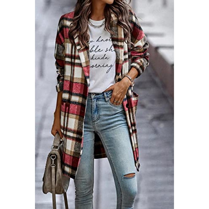 Comeon Womens Plaid Shacket Jacket 캐주얼 플란넬 버튼 포켓 라펠 울 블렌드 타탄 트렌치 완두콩 코트