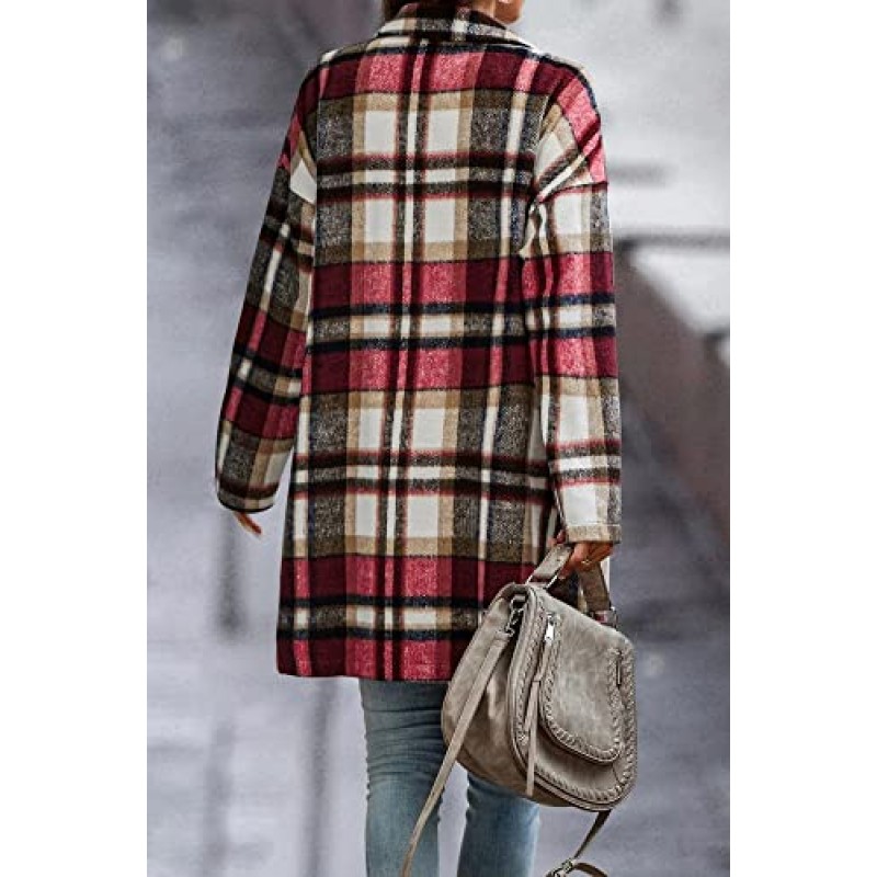 Comeon Womens Plaid Shacket Jacket 캐주얼 플란넬 버튼 포켓 라펠 울 블렌드 타탄 트렌치 완두콩 코트