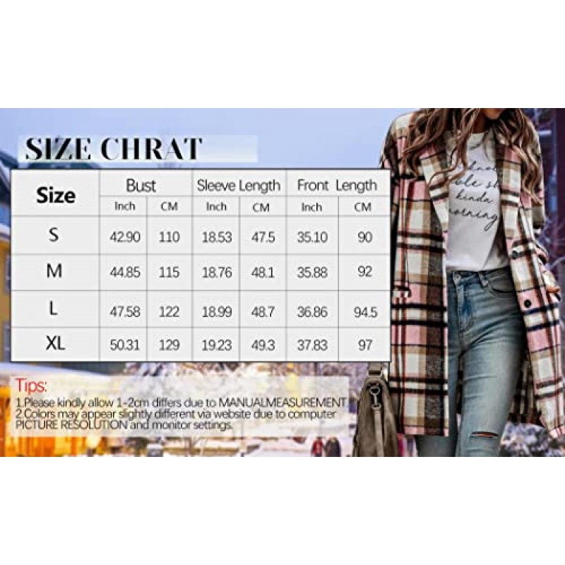 Comeon Womens Plaid Shacket Jacket 캐주얼 플란넬 버튼 포켓 라펠 울 블렌드 타탄 트렌치 완두콩 코트