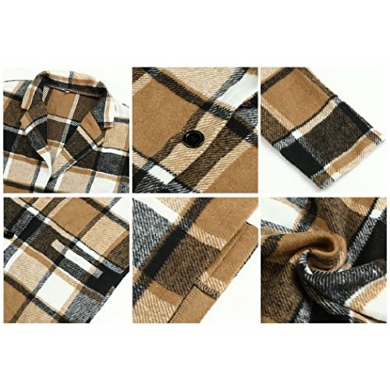 Comeon Womens Plaid Shacket Jacket 캐주얼 플란넬 버튼 포켓 라펠 울 블렌드 타탄 트렌치 완두콩 코트