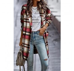 Comeon Womens Plaid Shacket Jacket 캐주얼 플란넬 버튼 포켓 라펠 울 블렌드 타탄 트렌치 완두콩 코트