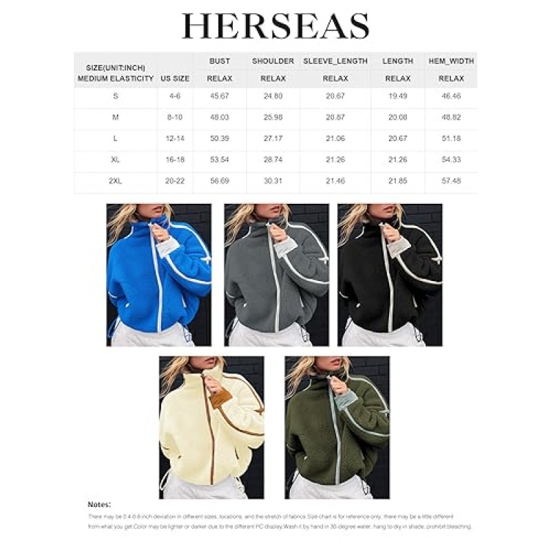 Herseas 여성용 풀 지퍼 플리스 재킷 컬러 블록 셰르파 크롭 코트 오버사이즈 퍼지 겨울 아우터웨어