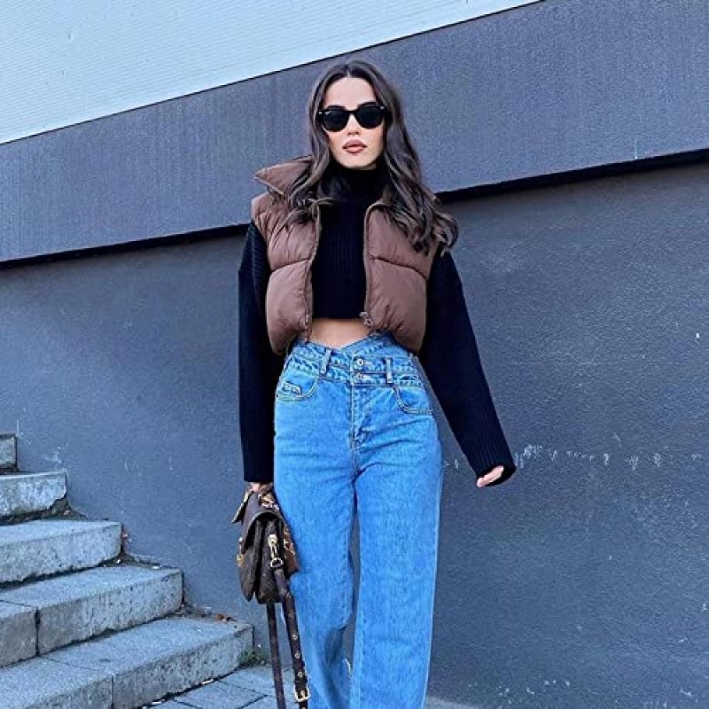 KMBANGI 여성 코튼 퍼퍼 조끼 지퍼 업 양복 조끼 Gilet 겉옷 경량 겨울 민소매 자켓 코트 streetwear