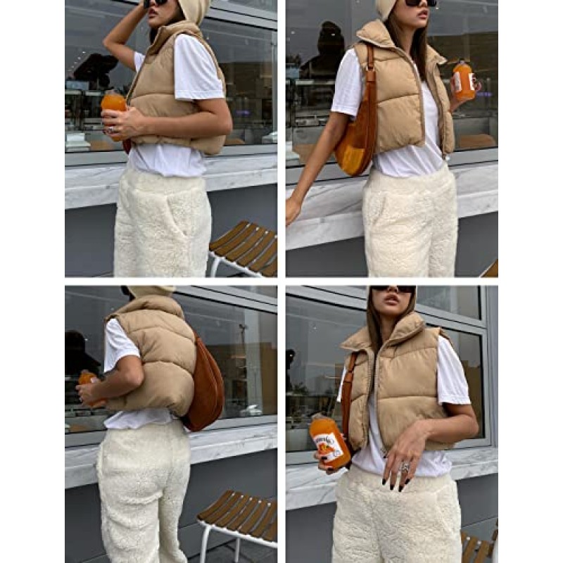 Yidarer 여성용 풀 지퍼 업 따뜻한 작물 조끼 민소매 퍼퍼 조끼 경량 패딩 Gilet