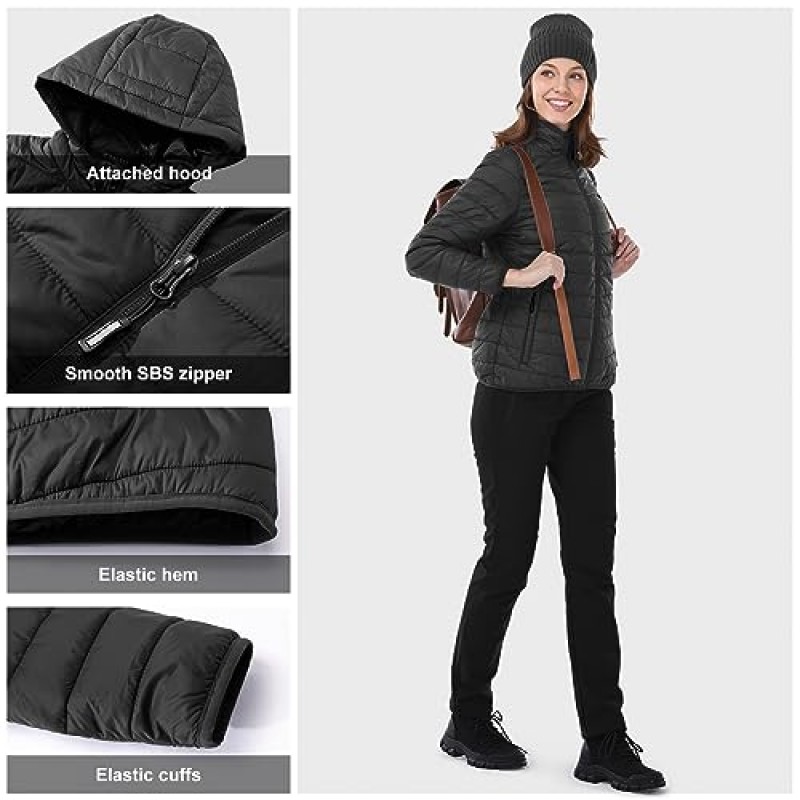 Outdoor Ventures 여성용 패커블 경량 풀 지퍼 퍼퍼 재킷(후드 포함) 퀼팅 겨울 코트