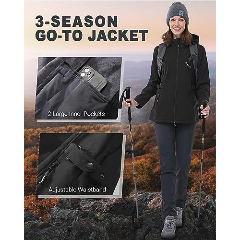 Outdoor Ventures 탈착식 후드가있는 여성용 Softshell 자켓, 절연 윈드 브레이커 방수 따뜻한 양털 안감 코트