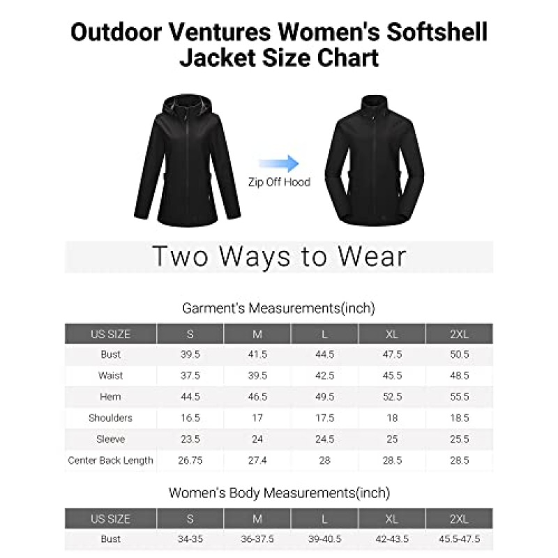 Outdoor Ventures 탈착식 후드가있는 여성용 Softshell 자켓, 절연 윈드 브레이커 방수 따뜻한 양털 안감 코트