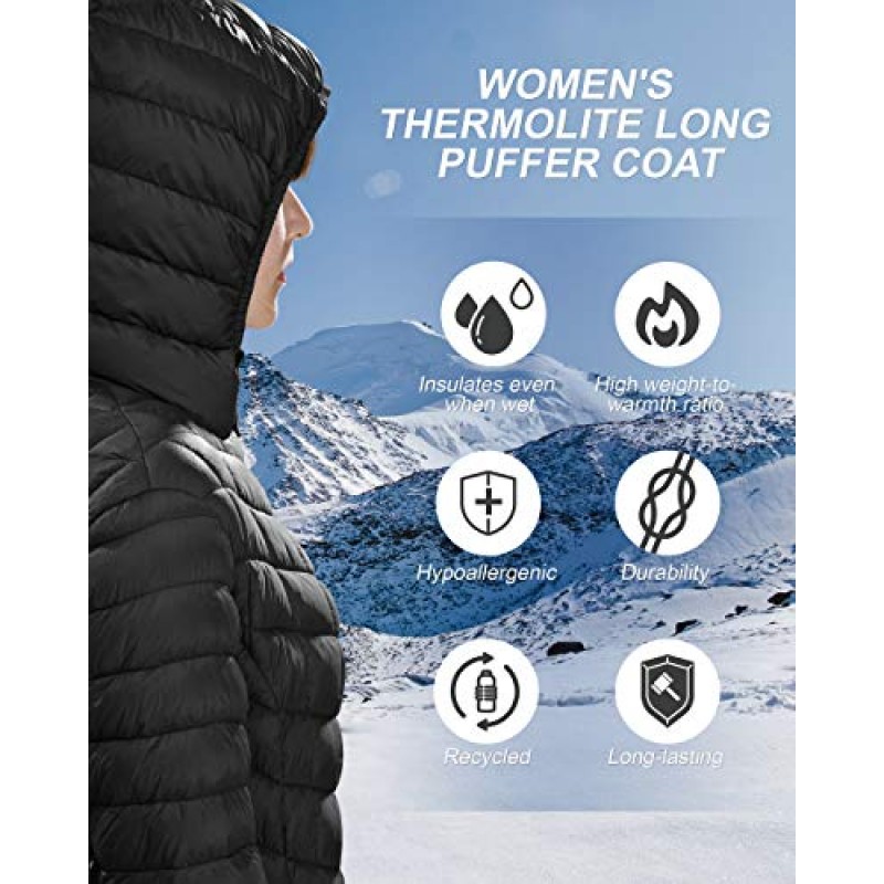 Outdoor Ventures 여성용 Maryan 후드 초경량 따뜻한 Thermolite 롱 퍼퍼 코트