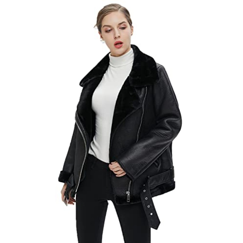 LY VAREY LIN 여성용 Faux Shearing 모토 자켓 두꺼운 안감 파카 겨울 Shearling 코트 가죽 자켓