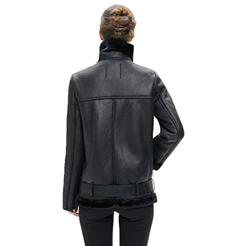 LY VAREY LIN 여성용 Faux Shearing 모토 자켓 두꺼운 안감 파카 겨울 Shearling 코트 가죽 자켓