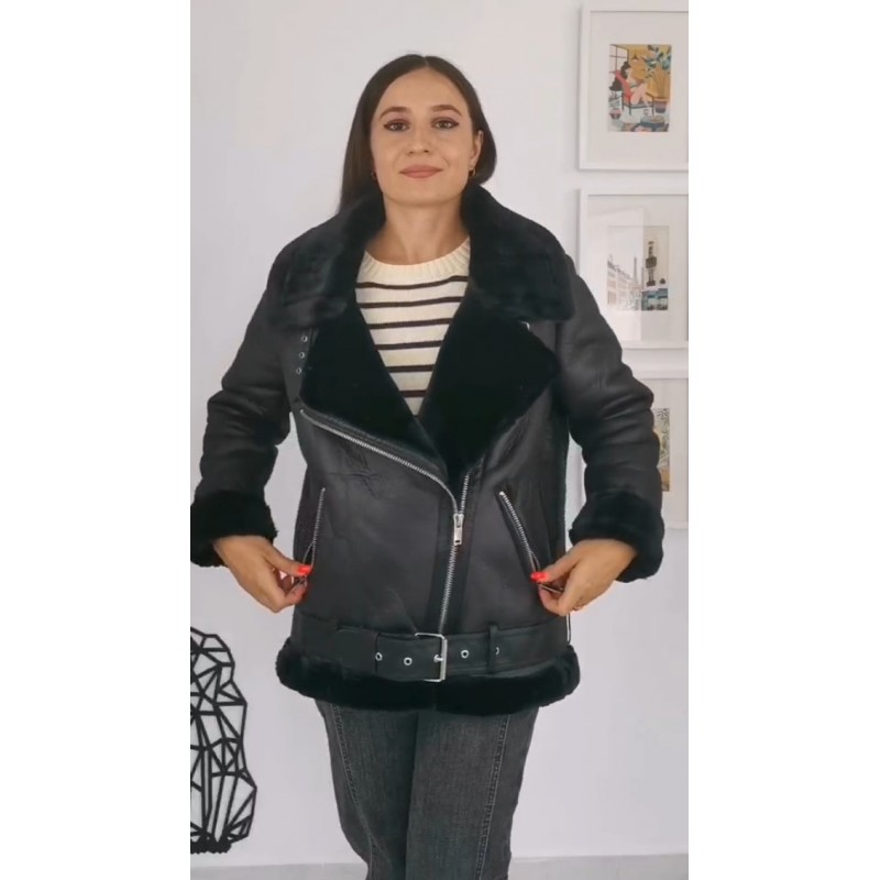 LY VAREY LIN 여성용 Faux Shearing 모토 자켓 두꺼운 안감 파카 겨울 Shearling 코트 가죽 자켓