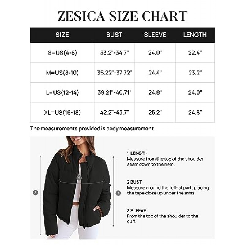 ZESICA 여성용 긴 소매 자른 퍼퍼 자켓 겨울 지퍼 퀼트 헐렁한 따뜻한 짧은 다운 코트 아웃웨어 포켓 포함