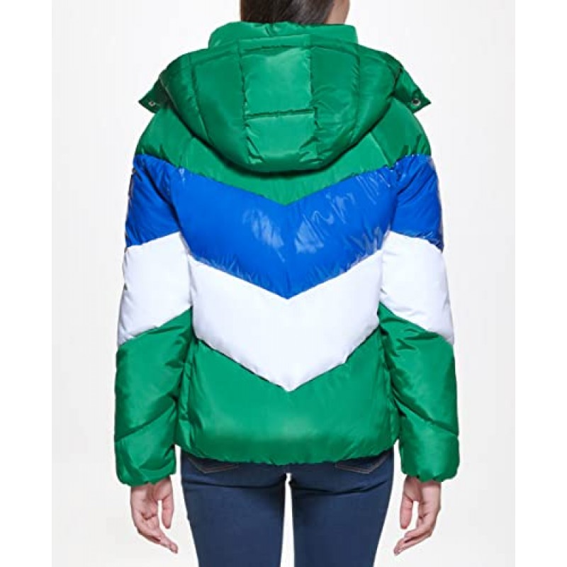 Tommy Hilfiger 여성 멀티 컬러 쉐브론 스트라이프 후드 짧은 퍼퍼 재킷