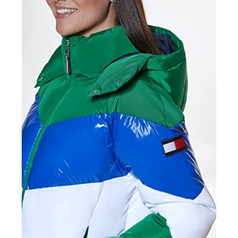 Tommy Hilfiger 여성 멀티 컬러 쉐브론 스트라이프 후드 짧은 퍼퍼 재킷