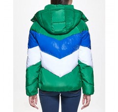 Tommy Hilfiger 여성 멀티 컬러 쉐브론 스트라이프 후드 짧은 퍼퍼 재킷