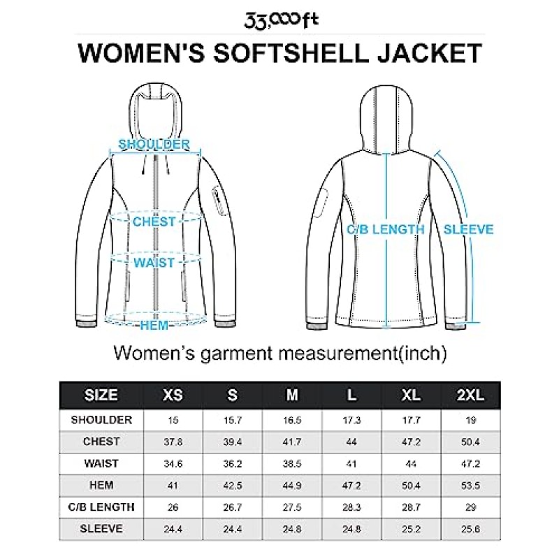 33,000피트 여성용 소프트쉘 재킷, 양털 안감 따뜻한 재킷 야외 하이킹을 위한 가벼운 후드 방풍 코트