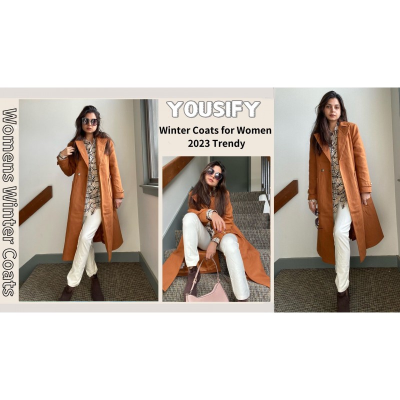 Yousify Womens Coat 노치 라펠 완두콩 코트 긴 소매 피코트 캐주얼 가을 겨울 벨트가 있는 긴 오버코트