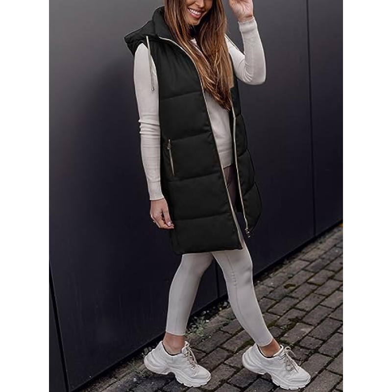 Grlasen Womens Long Puffer Vest 후드 가죽 민소매 지퍼 업 패딩 코트 자켓 (포켓 포함)