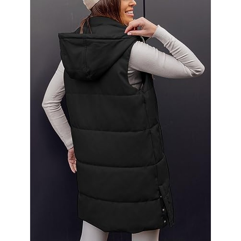 Grlasen Womens Long Puffer Vest 후드 가죽 민소매 지퍼 업 패딩 코트 자켓 (포켓 포함)