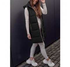 Grlasen Womens Long Puffer Vest 후드 가죽 민소매 지퍼 업 패딩 코트 자켓 (포켓 포함)