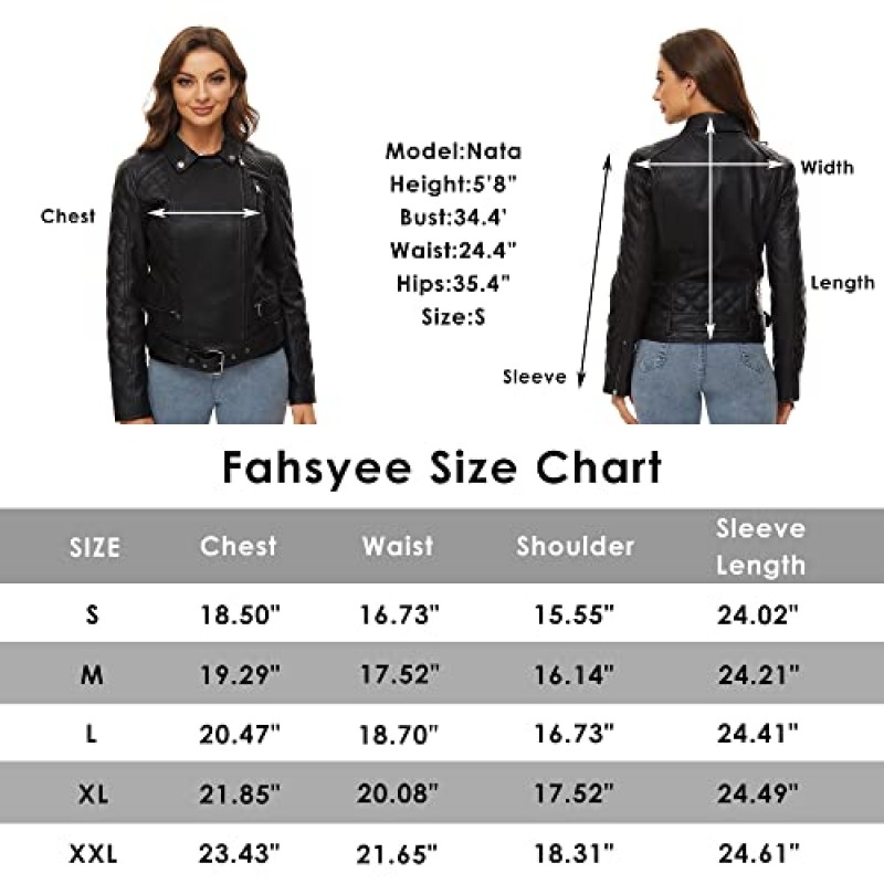 Fahsyee 여성 가죽 자켓, 가짜 오토바이 플러스 사이즈 모토 바이커 코트 짧은 경량 비건 가죽 패션