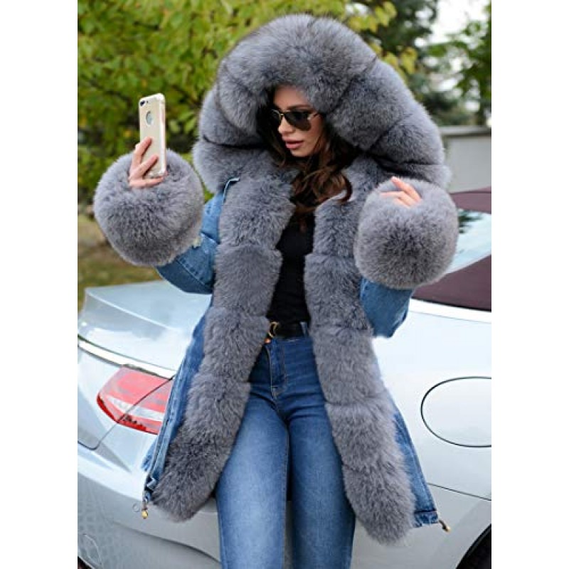 Aofur 플러스 사이즈 여성용 긴 후드 파카 코트 따뜻한 데님 겨울 오버 코트 인조 모피 칼라 Qulited Jacket